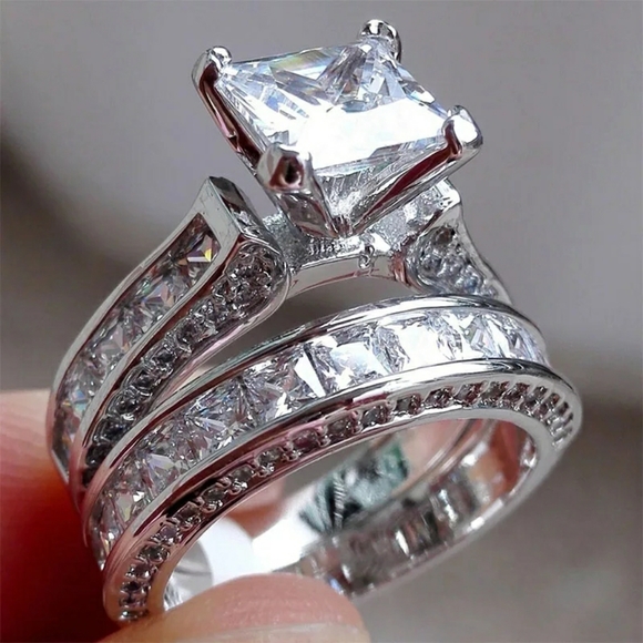 CZ Princess Cut Engagement Ring Set - Picture 1 of 5